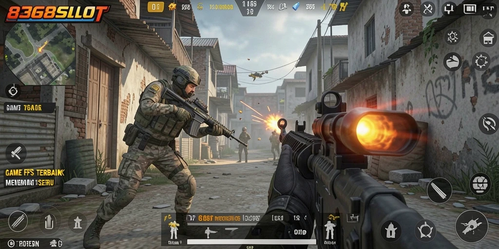 Tampilan gameplay intens dalam 8368SLOT saat berhadapan dengan musuh.