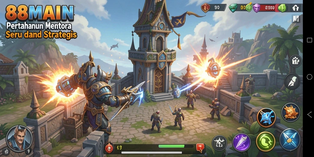Screenshot gameplay Tower Defense penuh aksi dan strategi.