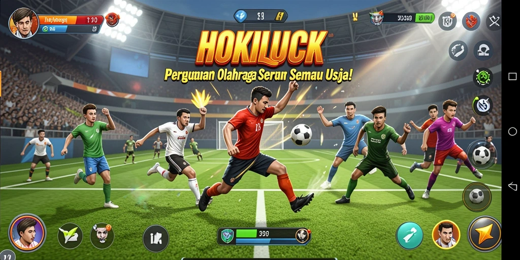 Tampilan utama gameplay HOKILUCK menampilkan aksi olahraga yang penuh semangat.