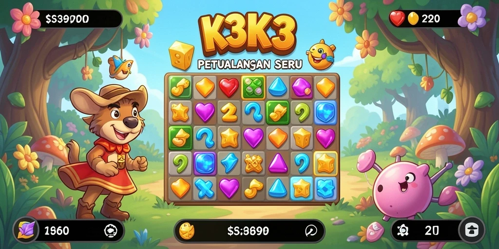 Screenshot K3K3 menampilkan gameplay Match-3 yang seru dan berwarna.