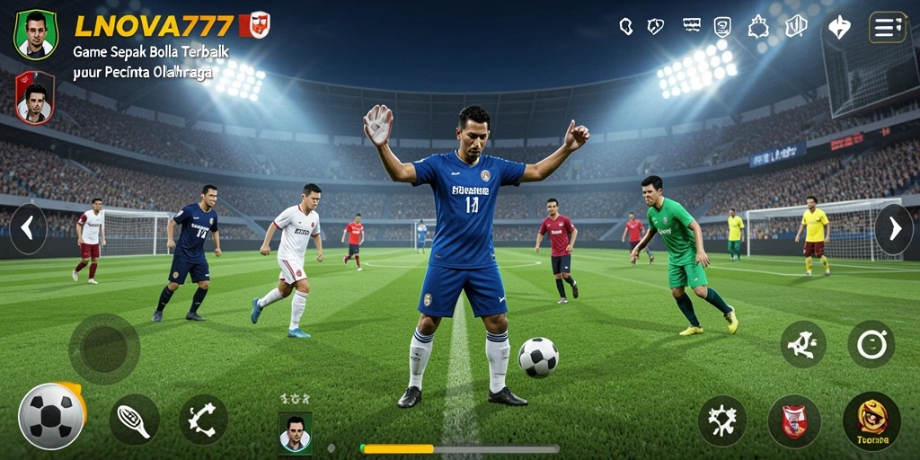 Screenshot utama LNOVA777 menampilkan aksi seru di lapangan sepak bola.