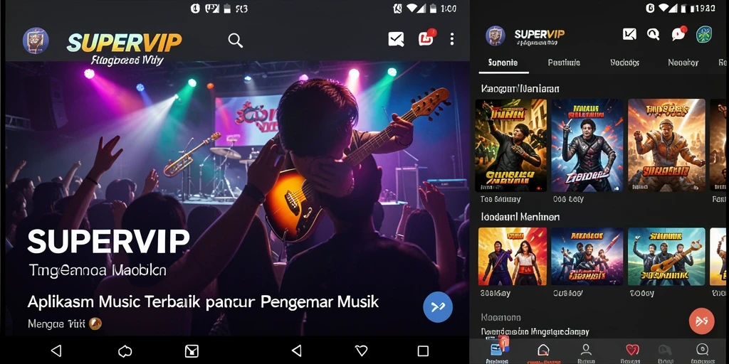 Screenshot gameplay SUPERVIP yang menampilkan antarmuka musik yang menarik.