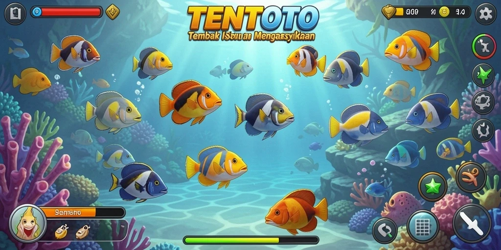 Screenshot utama TENTOTO menampilkan aksi seru menangkap ikan.