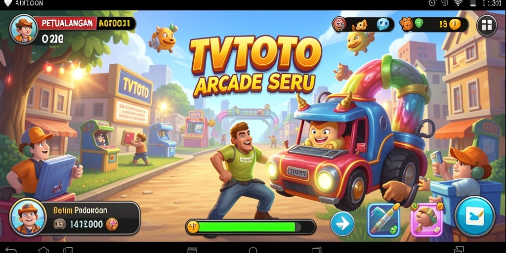Screenshot gameplay TVTOTO menampilkan aksi seru di level Arcade.