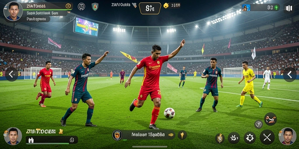 Tampilan gameplay seru ZIATOGEL menampilkan aksi sepak bola yang mendebarkan.